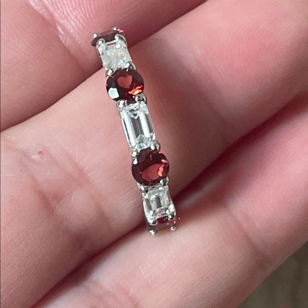 Natural Garnet & Moissanite Half Eternity Ring in 925 Sterling Silver Size 8